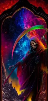 Colorful Grim Reaper in cosmic setting.