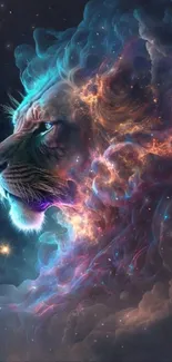 Cosmic lion in vibrant nebulae art on mobile wallpaper.