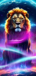 Majestic lion in cosmic setting with vivid galaxy background.