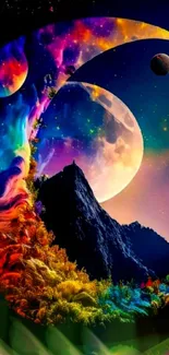 Colorful cosmic wallpaper with mountain and surreal planets.