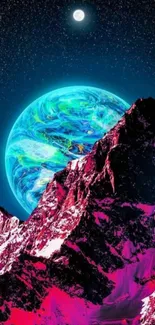 Cosmic mountain view with vibrant colors and a glowing Earth-like planet.