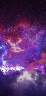 Vibrant cosmic nebula with blue, purple, and red hues.