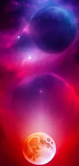 Vivid cosmic wallpaper with glowing planets in a nebula.