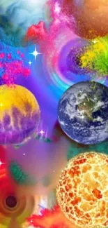 Vibrant cosmic wallpaper with colorful planets in a galaxy scene.