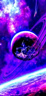 Vibrant purple cosmic planet with rings in space.