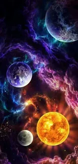 Colorful cosmic wallpaper with planets and stars in a vibrant purple galaxy.