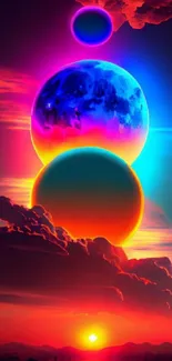 Colorful gradient wallpaper with vivid planets and sunset.