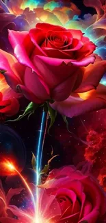 Vivid red rose amidst cosmic background and stars.