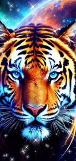 Vivid tiger with glowing eyes in a cosmic galaxy setting.