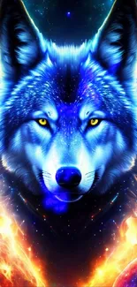 A vibrant blue cosmic wolf with fiery background and galaxy elements.