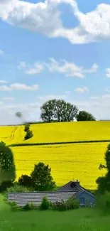 Vivid landscape with yellow fields and blue skies, featuring a country house.