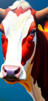 Vivid and colorful cow portrait on a blue background with orange highlights.