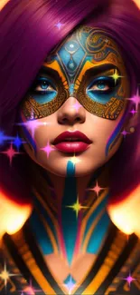 Colorful cyber mask portrait with purple hues and intricate design.