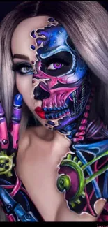 Vividly painted face with cyberpunk and biomechanical makeup art.