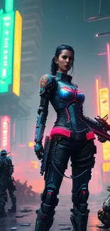 Futuristic warrior in neon-lit cyberpunk street.