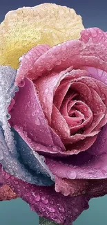 Multicolored rose with dew drops on a mobile wallpaper.