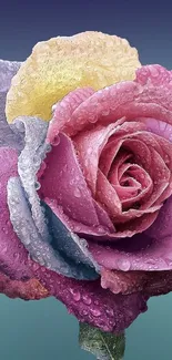 Colorful rose with dewdrops on petals, vibrant and elegant.