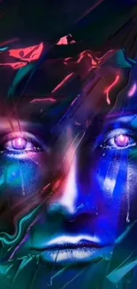 Surreal digital art with a colorful face and glowing eyes.