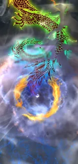 Colorful dragon with cosmic energy on phone wallpaper.