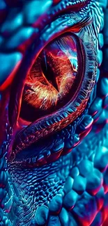 Close-up of a vibrant dragon eye featuring intense colors and textures.