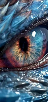 Close-up of a vibrant dragon eye with blue and orange hues.