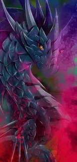 Colorful dragon in neon colors on digital wallpaper.