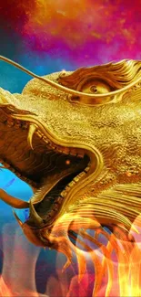 Golden dragon with fiery background in vibrant colors.