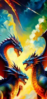 Vibrant dragon trio with colorful wings and a fiery sky background.