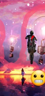 Surreal pink landscape with lightbulbs and motorcyclist, featuring an emoji.