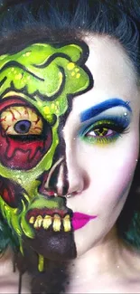 Vivid dual face art with vibrant colors and intricate design elements.