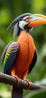 Vivid exotic bird perched on a branch with a lush green background.