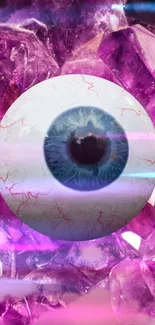 Surreal wallpaper featuring an eye amid vibrant purple crystals.