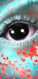 Vivid eye art with cyan and red splash on wallpaper.