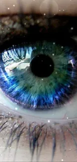 Close-up of a vibrant blue eye with intricate details and vivid colors.