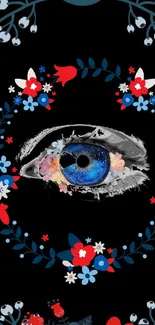 Floral wreath surrounds a blue eye on a black background.