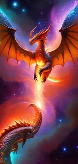 Vividly colored fantasy dragon with cosmic background.