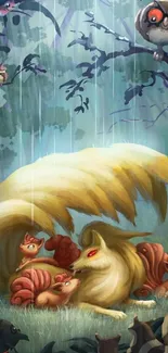 Fantasy forest with anime creatures under rain, mobile wallpaper.