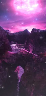 Fantasy landscape with purple cosmic sky and natural cliffs.