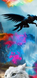 Fantasy wolf and winged creature in colorful scenery.