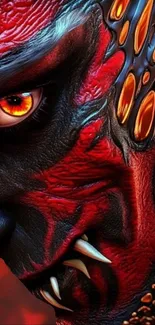 Detailed vibrant demon face with fiery colors and sharp features.