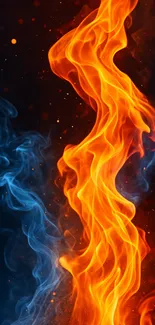 Wallpaper featuring vivid blue and orange flames.