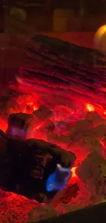 Glowing red and orange fireplace with logs burning.