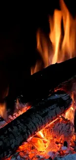 Vivid wallpaper showing glowing firewood and bright flames.