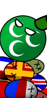 Green sphere atop colorful flag spheres with emotive faces.