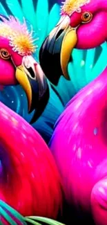 Vibrant artwork of two flamingos with vivid colors.