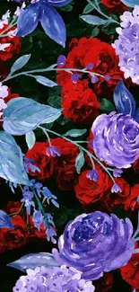 Vivid wallpaper with purple and red flowers, elegant botanical design.