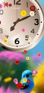 Vibrant wallpaper with floral clock and colorful flowers.