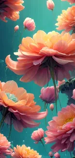 Mobile wallpaper with vivid pink flowers on a serene teal background.