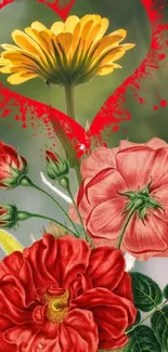 Vivid floral heart with vibrant red and yellow flowers.