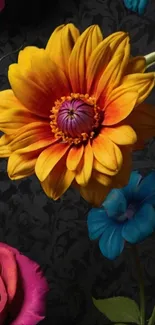 Vibrant floral wallpaper with colorful blooms on a dark backdrop.